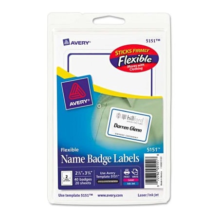 Avery Avery Flexible Self-Adhesive Laser/Inkjet Name Badge Labels, 2-1/3in x 3-3/8in, BE, 40/PK 5151